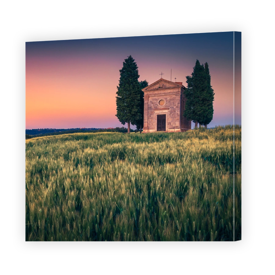 Old Vitaleta chapel and grain fields at sunset, Tuscany, Italy