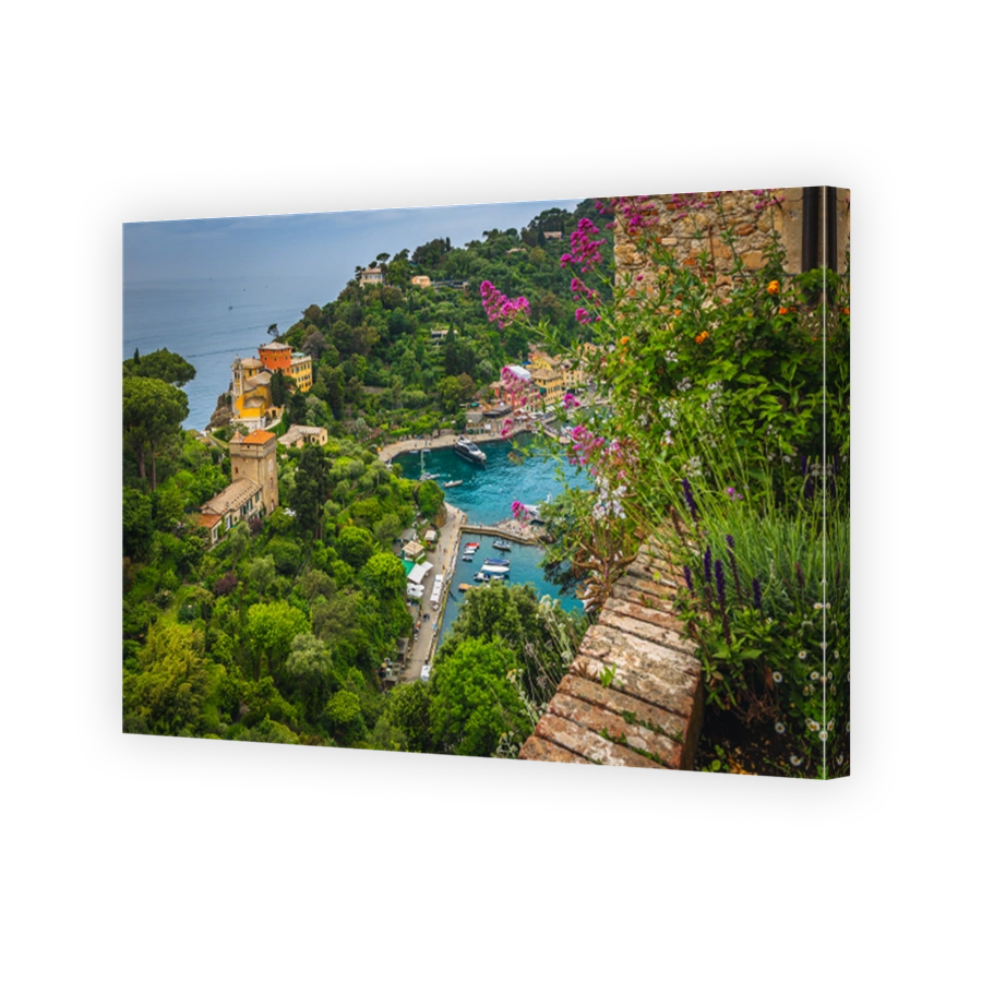 Portofino view from the flowery balcony of Castle Brown, Italy