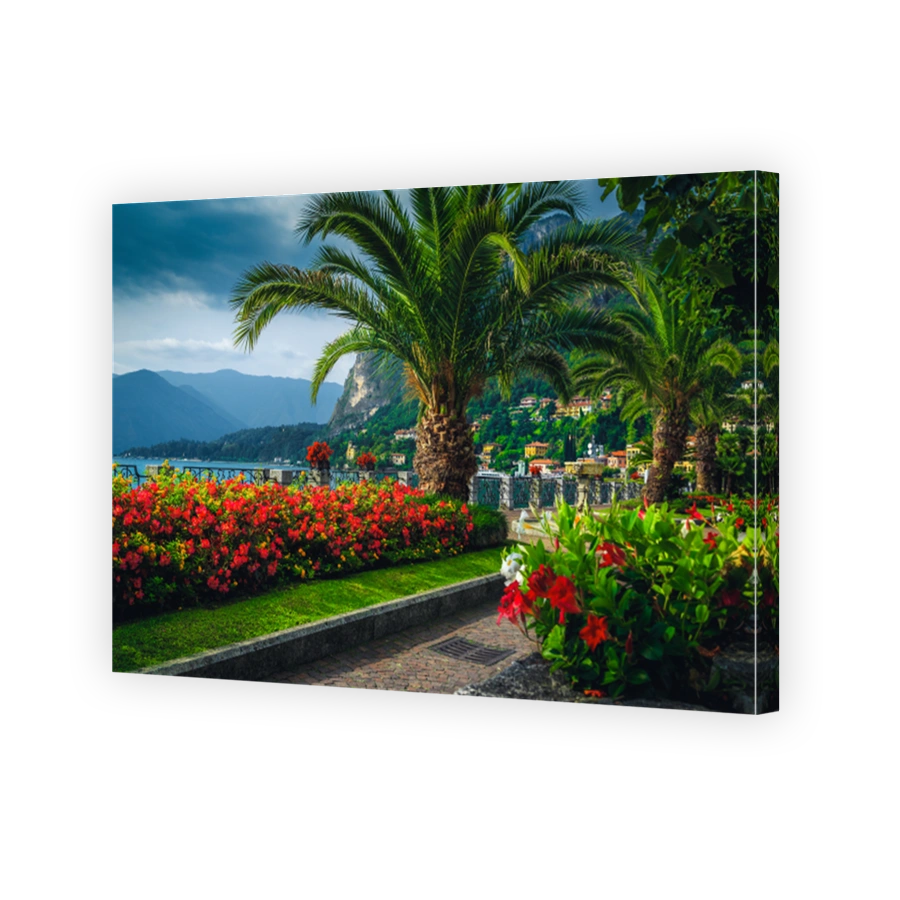 Picturesque promenade with colorful flowers, Lake Como, Menaggio, Lombardy, Italy