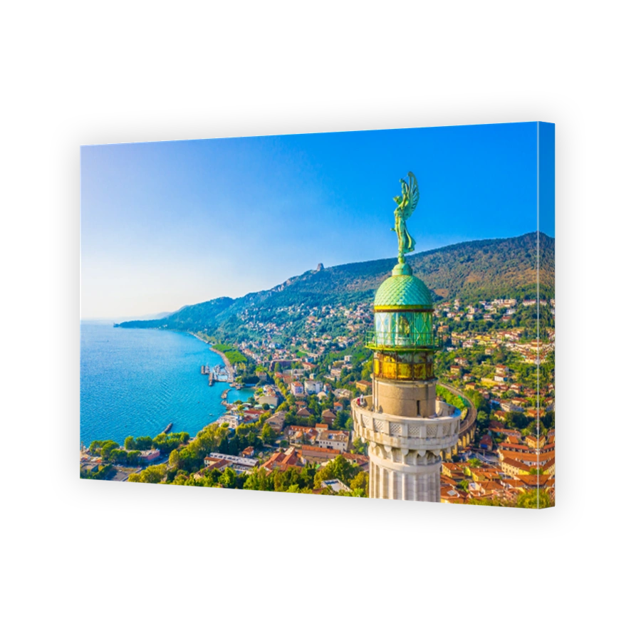 Aerial View of Victory Lighthouse in Trieste, Italy, at Golden Sunset