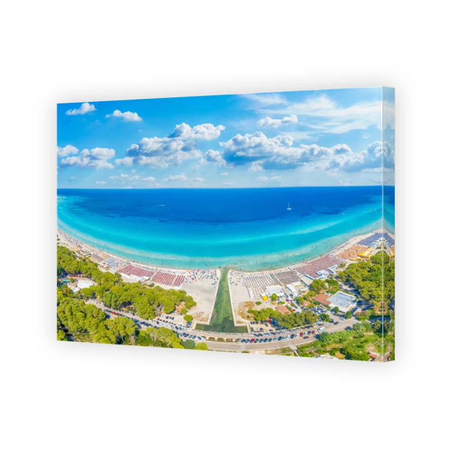 Aerial view with water and sandy beaches of Apulia, Salento coast, Italy
