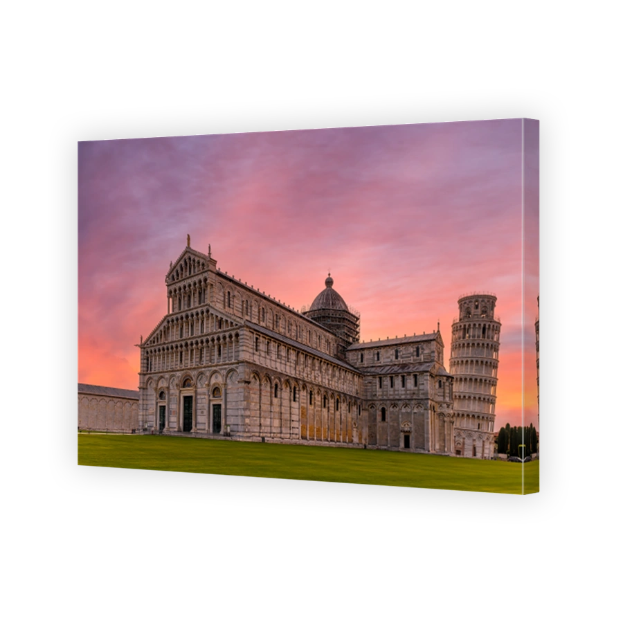 Landscape with Cathedral and the Leaning Tower of Pisa at sunset, Italy