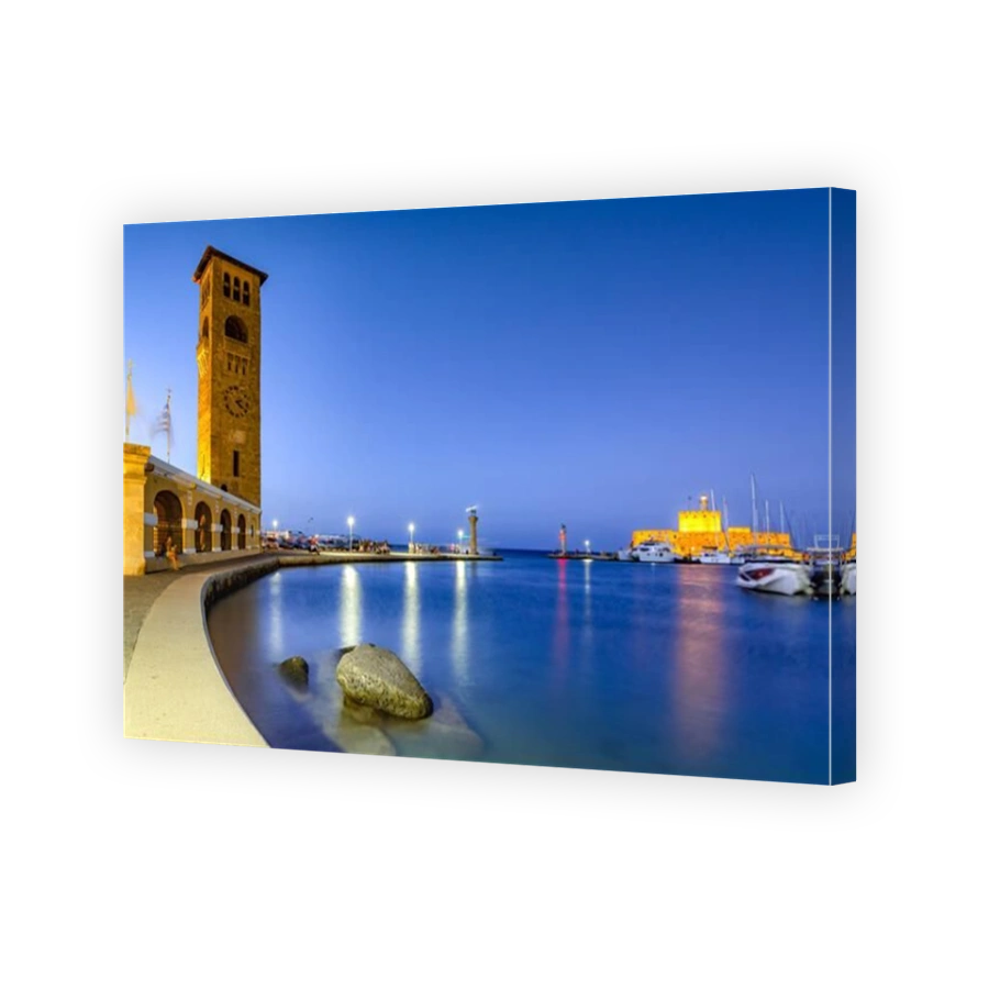 Antique architecture of old town, famous Knights Grand Master Palace, Mandraki port with fort of St. Nicholas and windmills, Rhodes, Greece.