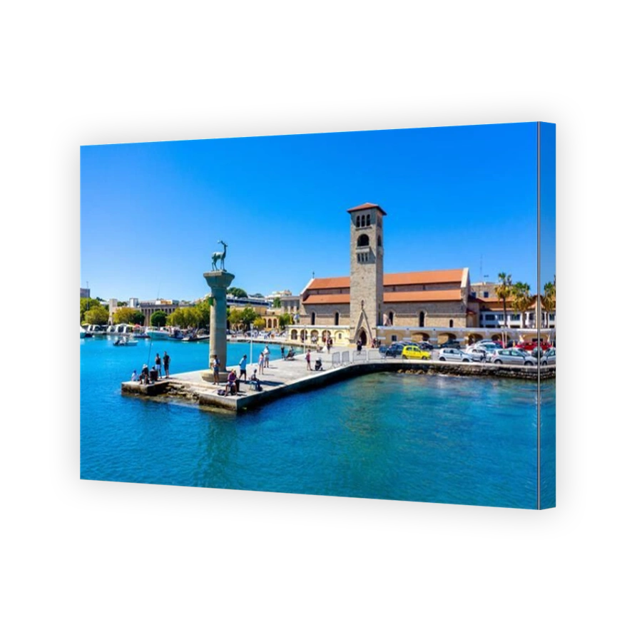 Antique architecture of old town, famous Knights Grand Master Palace, Mandraki port with fort of St. Nicholas and windmills, Rhodes, Greece.
