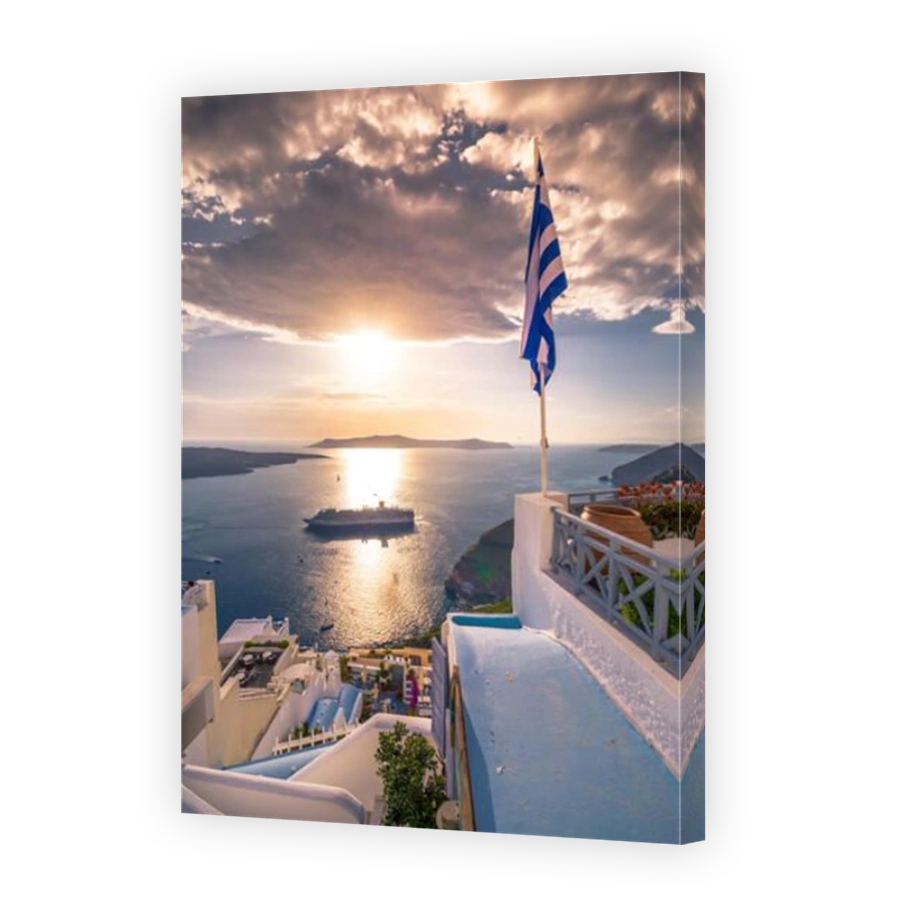 Amazing evening view of Fira, caldera, volcano of Santorini, Greece with cruise ships at sunset. Cloudy dramatic sky.
