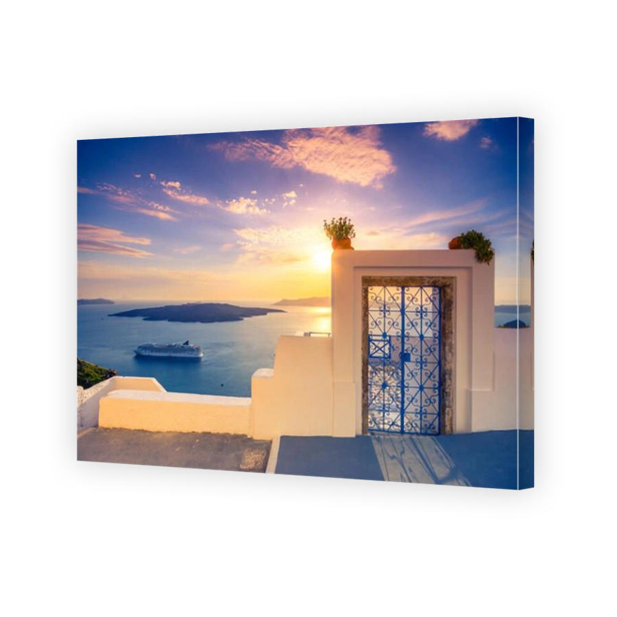 Amazing evening view of Fira, caldera, volcano of Santorini, Greece with cruise ships at sunset. Cloudy dramatic sky.