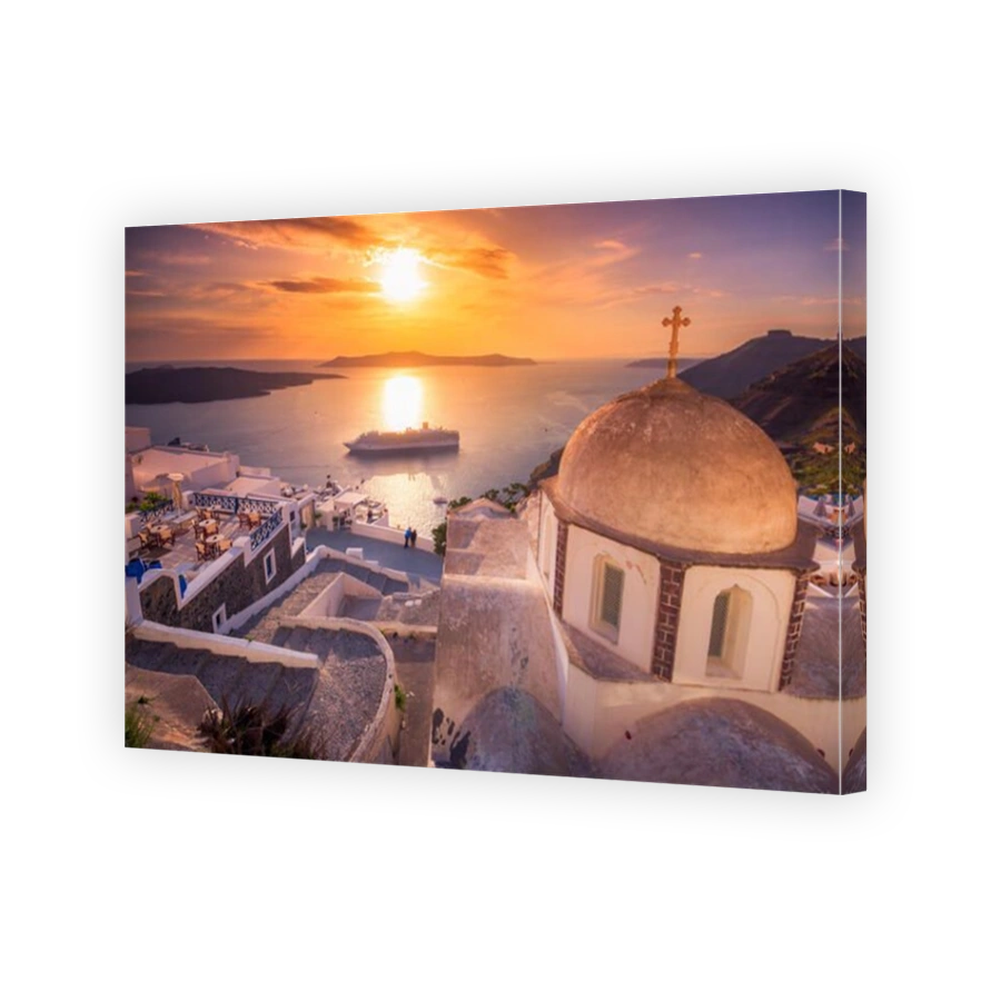 Amazing evening view of Fira, caldera, volcano of Santorini, Greece with cruise ships at sunset. Cloudy dramatic sky.