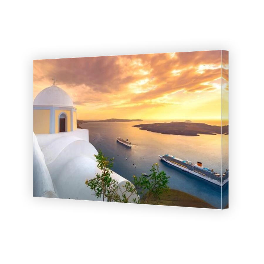 Amazing evening view of Fira, caldera, volcano of Santorini, Greece with cruise ships at sunset. Cloudy dramatic sky.