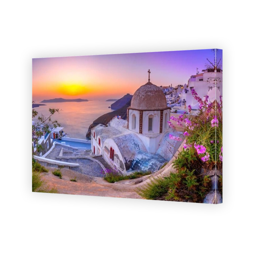 Fira town, with view of caldera, volcano and cruise ships, Santorini, Greece.