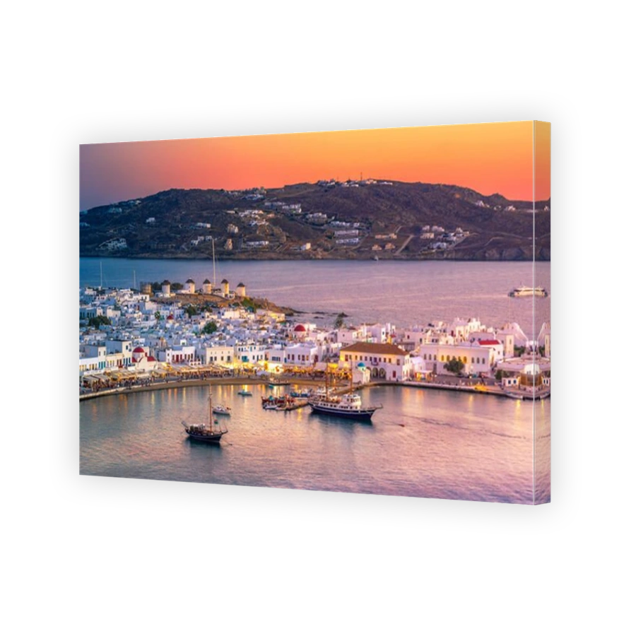 Mykonos port with boats and windmills, Cyclades islands, Greece