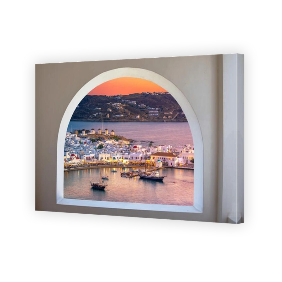 Mykonos port with boats and windmills, Cyclades islands, Greece