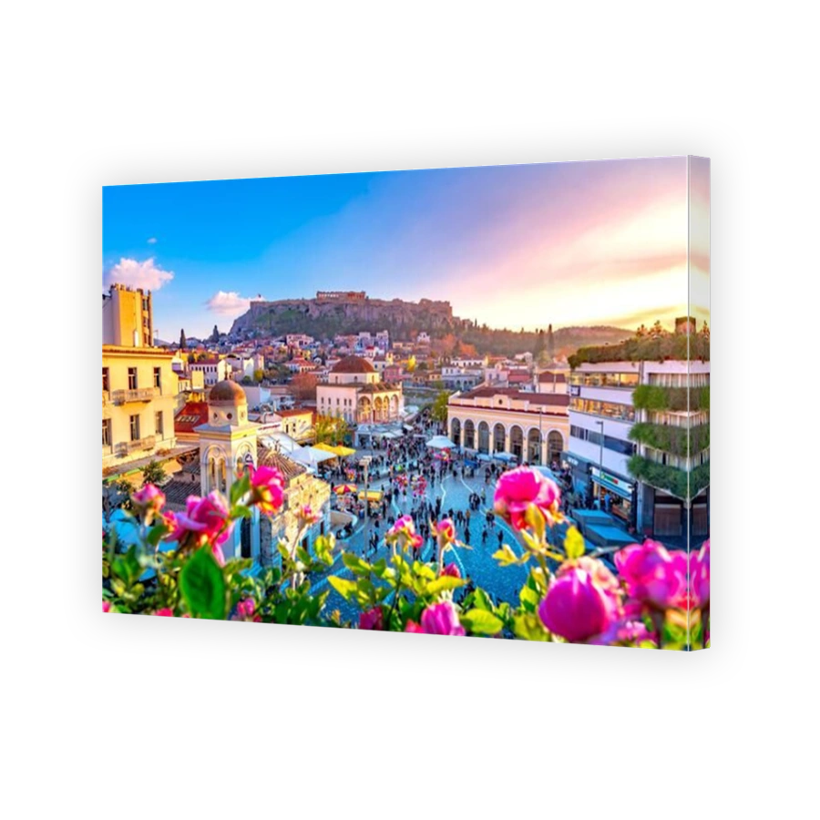 Monastiraki square with Acropolis on the hill, Athens, Greece