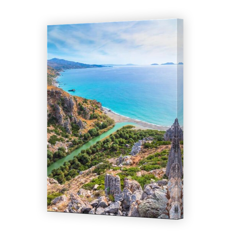 Panorama of Preveli beach at Libyan sea, river and palm forest, southern Crete , Greece