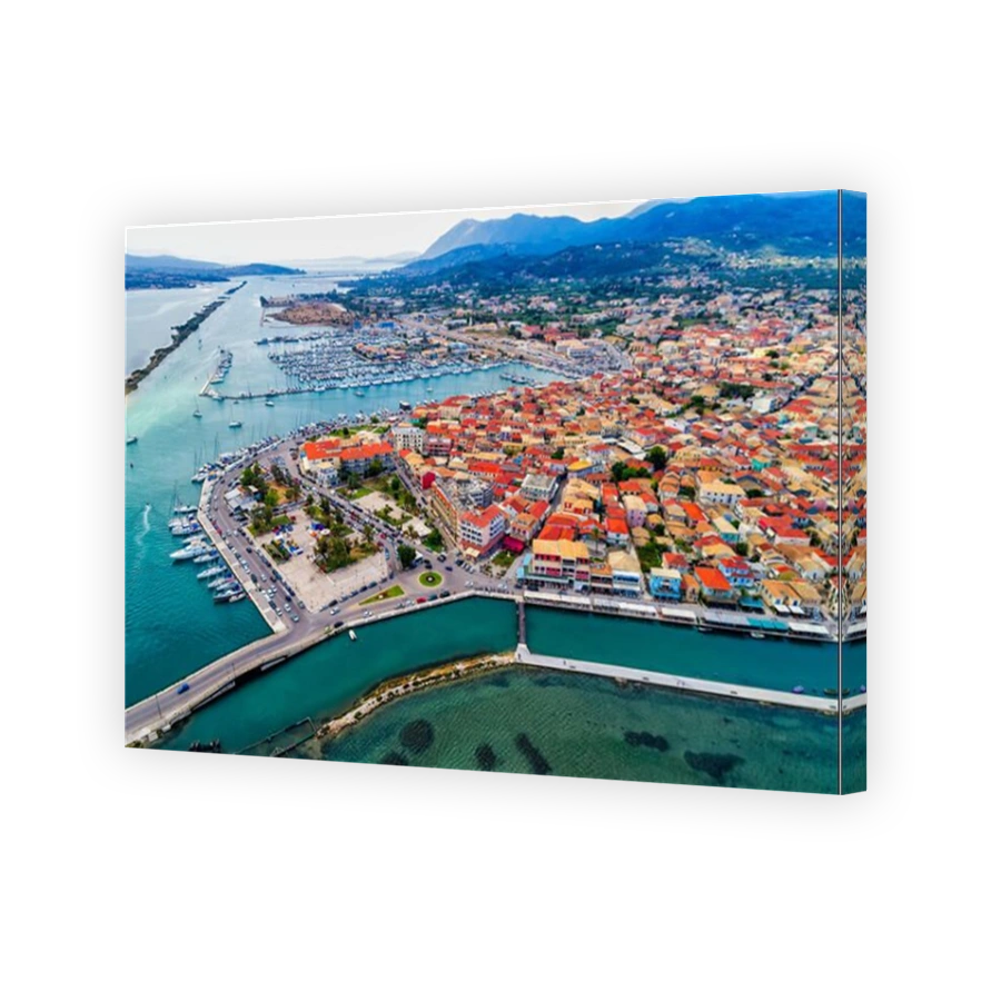 Sailboats in the marina and the city of Lefkada island, Greece