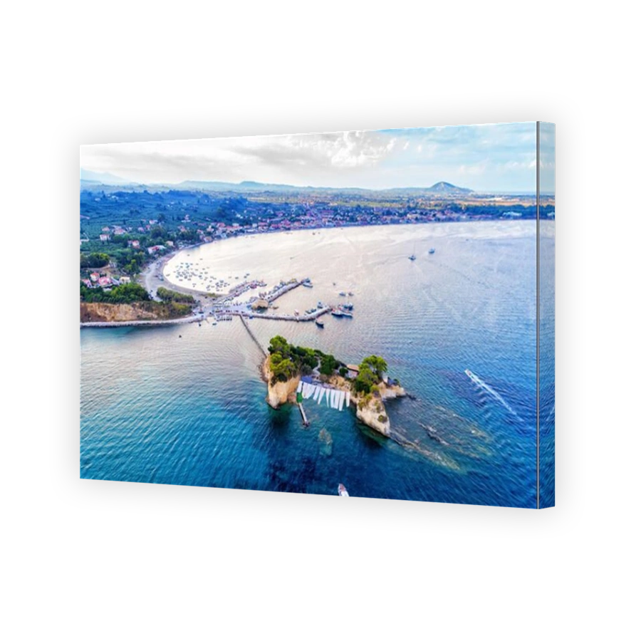 Aerial view Agios Sostis with bidge, small island in Zakynthos, Greece