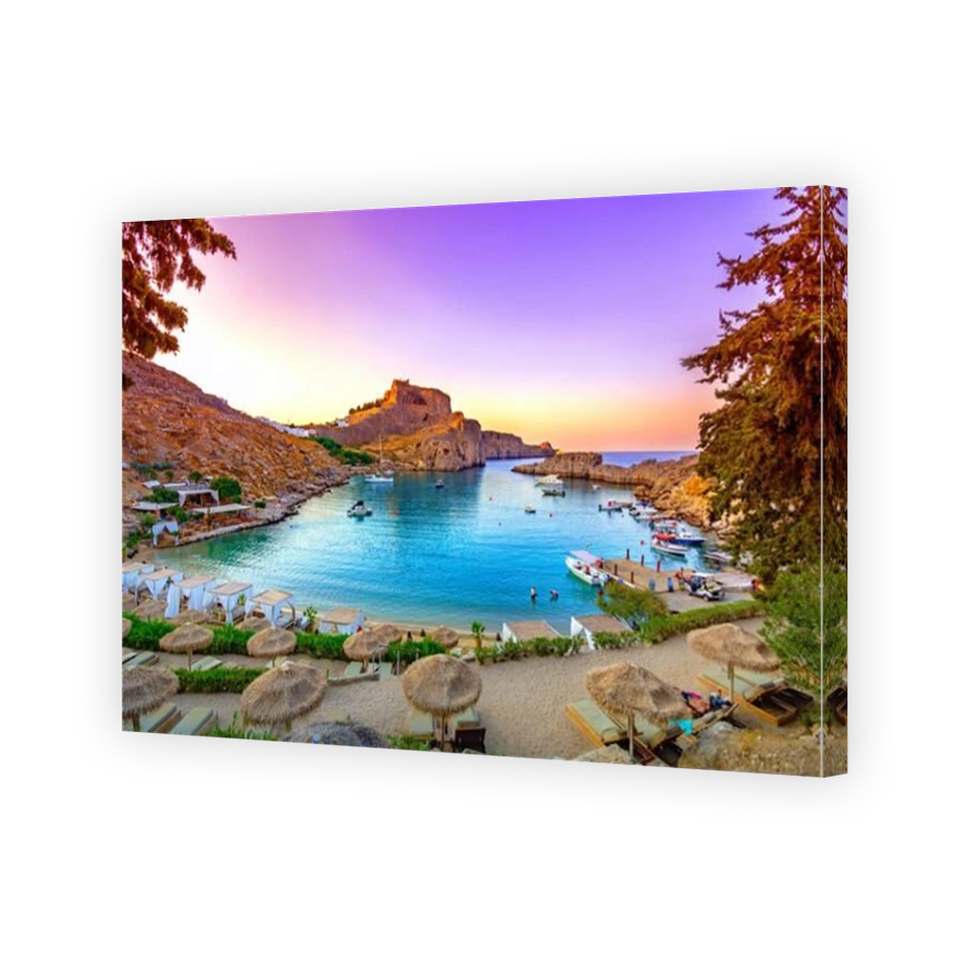 Panoramic view of St. Paul bay with acropolis of Lindos in background, Rhodes island, Greece