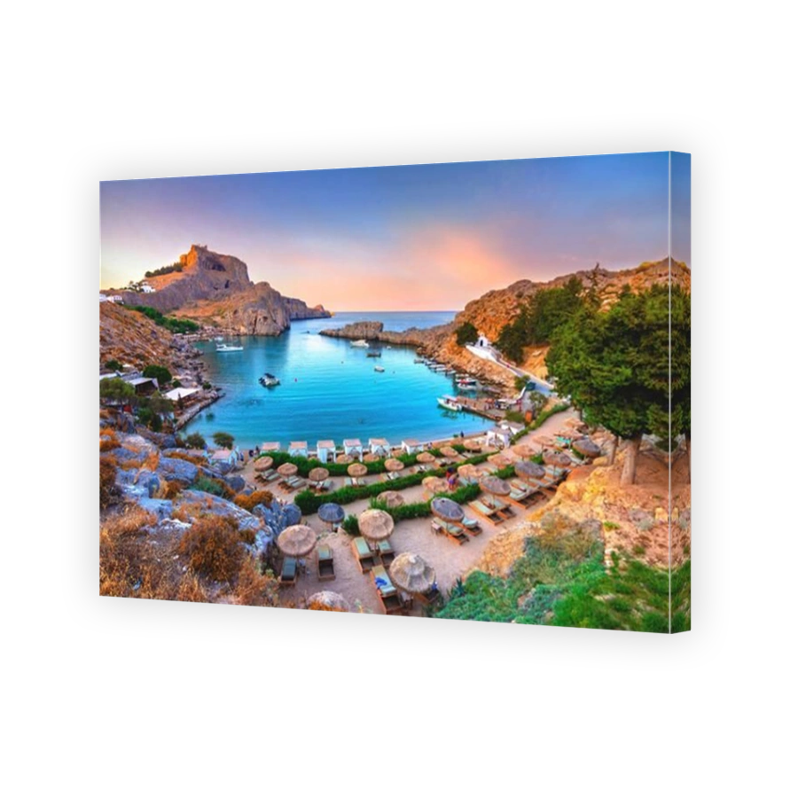 Panoramic view of St. Paul bay with acropolis of Lindos in background, Rhodes island, Greece