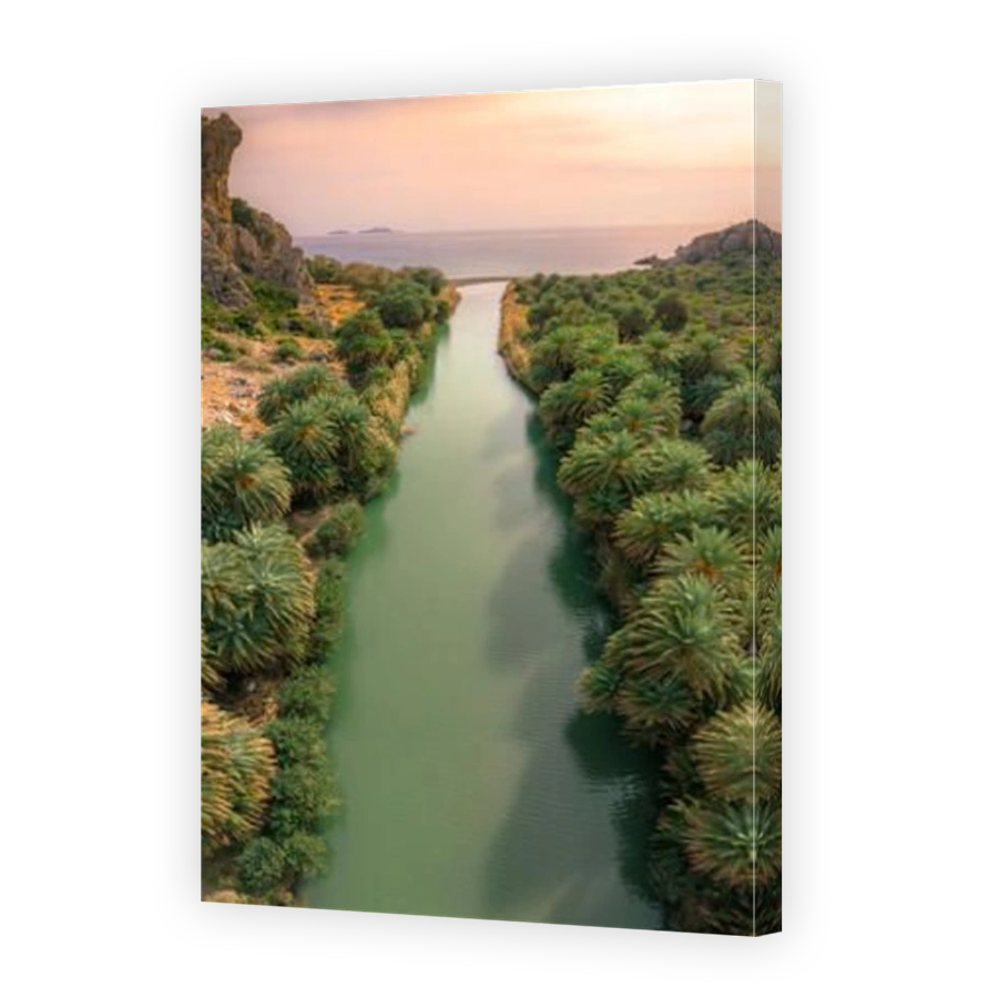 Panorama of Preveli beach at Libyan sea, river and palm forest, southern Crete , Greece
