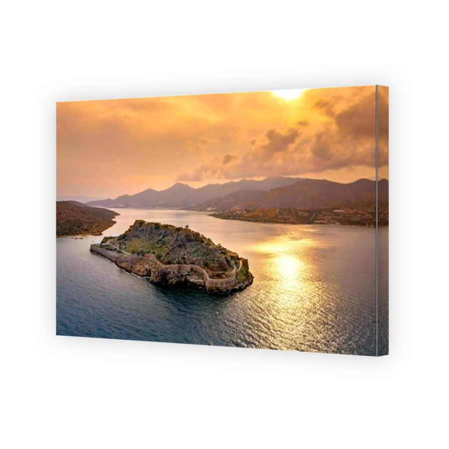Aerial view of the island of Spinalonga with calm sea. Here were isolated lepers, humans with the Hansen's desease, gulf of Elounda, Crete, Greece.