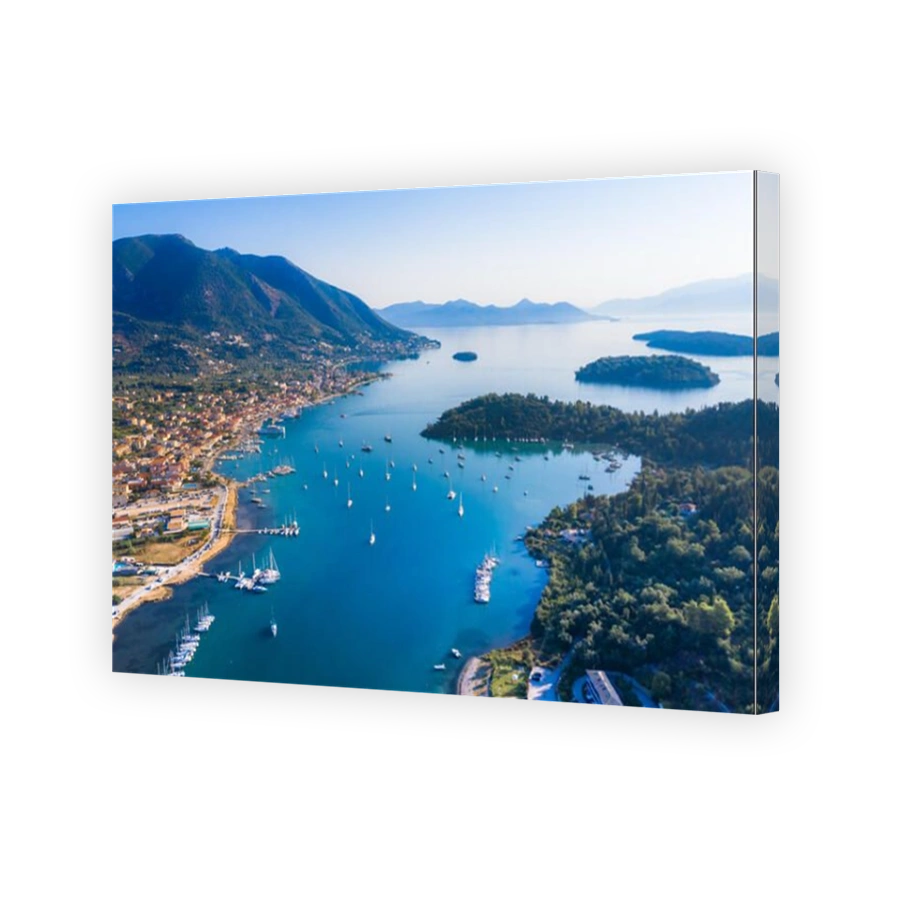 Aerial drone bird's eye view photo of iconic port of Nidri or Nydri, Leflkada island, Ionian, Greece