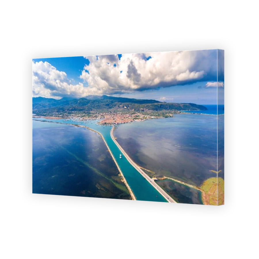 Aerial view of Lefkada main canal and harbour entrance near Lefkada Town Greece Island