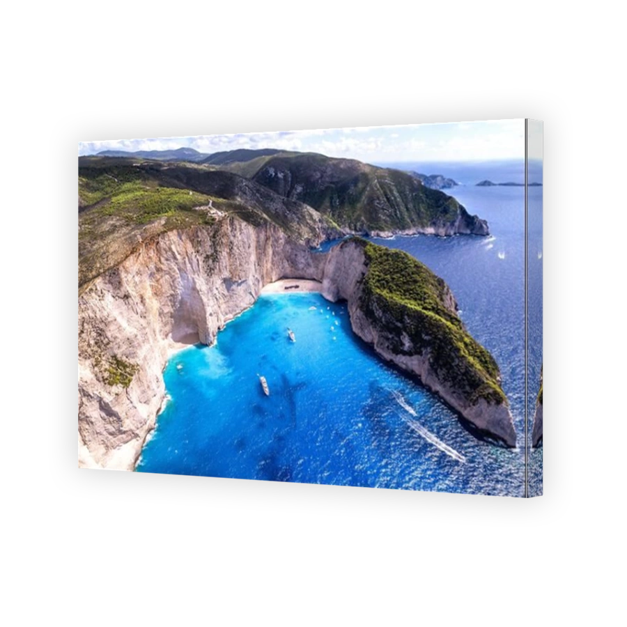 An aerial view of the Navagio beach on a sunny day in Zakynthos island, Greece