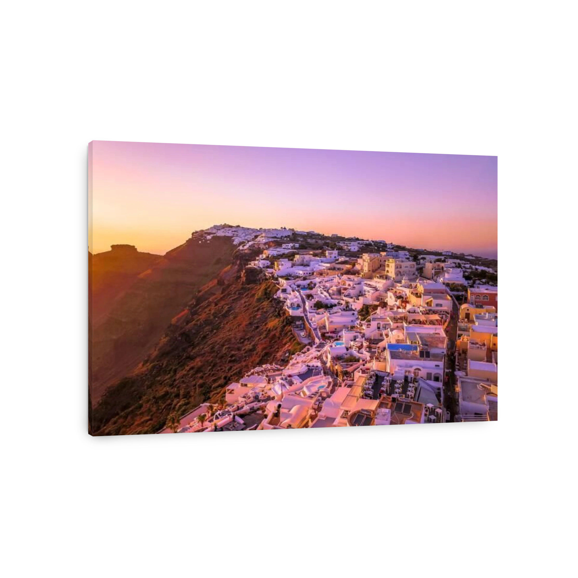 An aerial view of Santorini, Greece at sunset