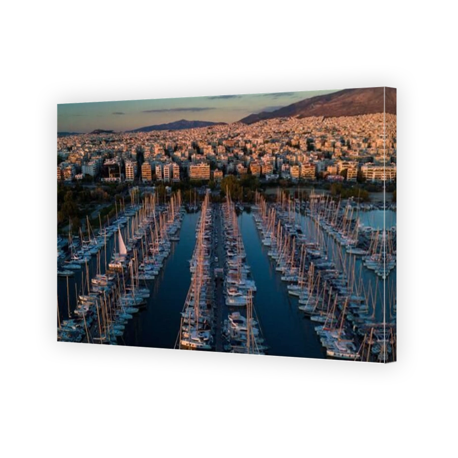 Aerial drone bird's eye view of the marina in Athens with docked yachts