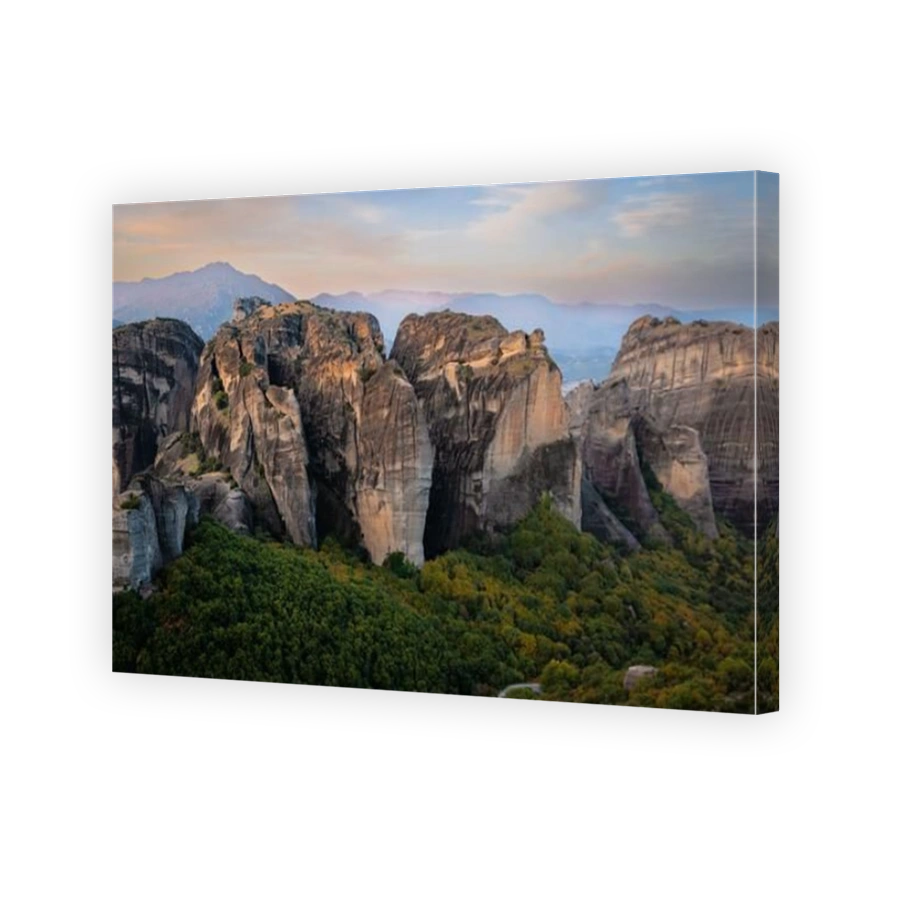 An aerial view of the historic Meteora Rocks in the mountains of Kalabaka, Greece