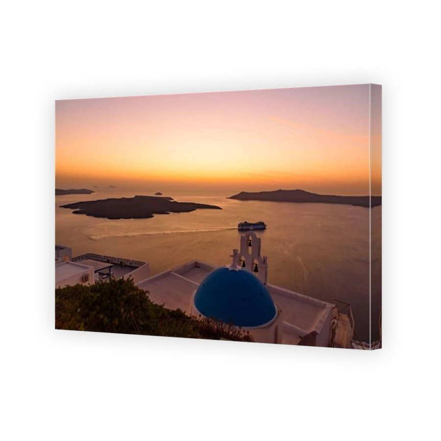 Three Bells of Fira in sunset light, a Greek Catholic church in Fira, Santorini, Greece