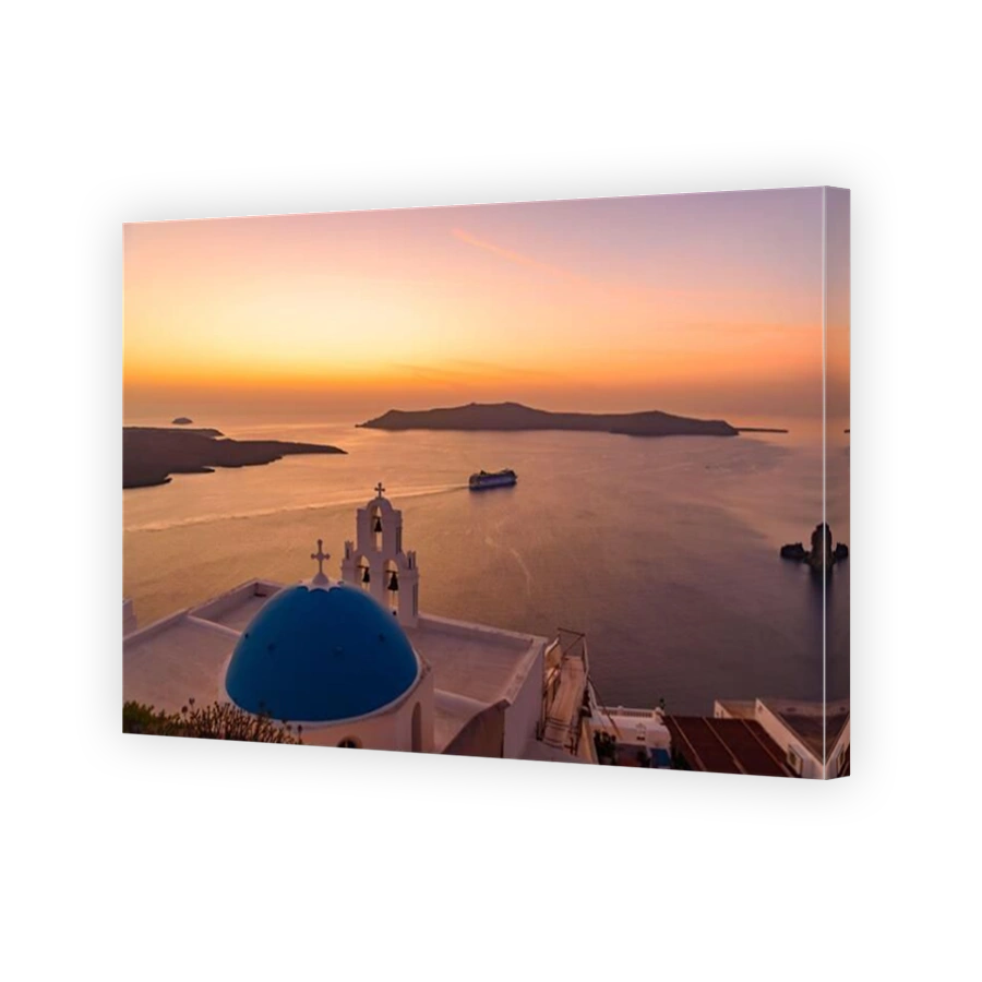 Three Bells of Fira in sunset light, a Greek Catholic church in Fira, Santorini, Greece