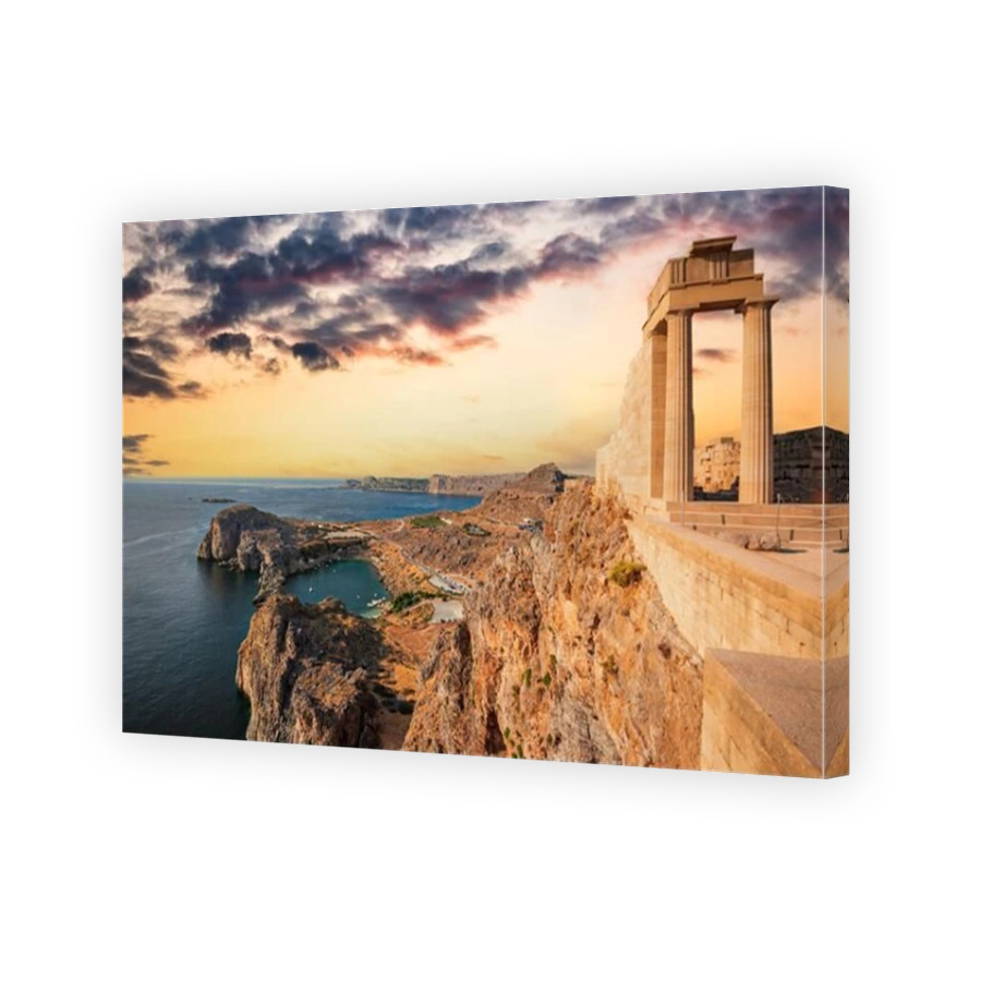 Rhodes, Greece. Lindos small whitewashed village and the Acropolis, scenery of Rhodos Island at Aegean Sea.