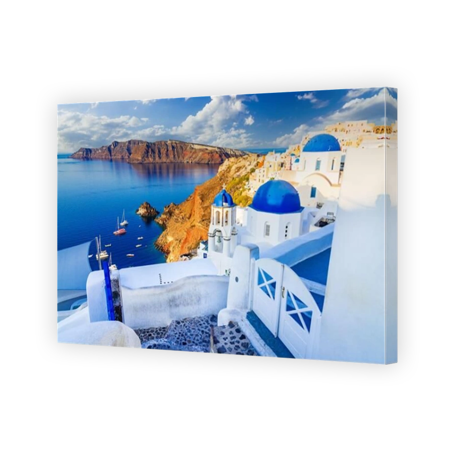 Santorini, Greece. Amazing whitewashed city of Oia, Thira in Greek Cyclades Islands, Aegean Sea. Holiday destinations of Europe.
