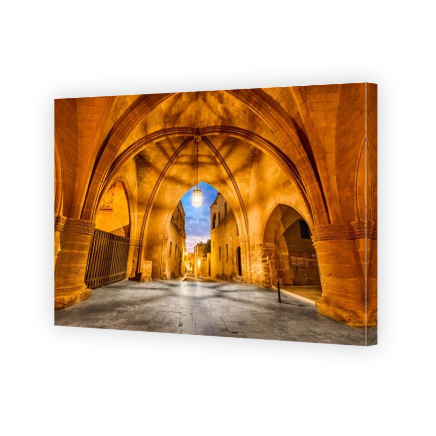 Rhodes, Greece. Night illuminated Streets of Knights built by Hospitaller knights in medieval times.