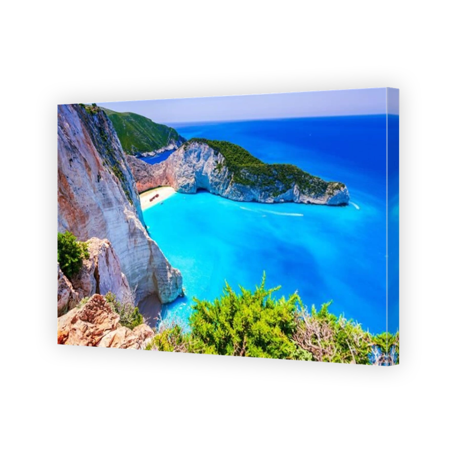 Zakynthos, Greece. Famous Navagio Beach, overhead landscape of Ionian Sea, Greek Islands.