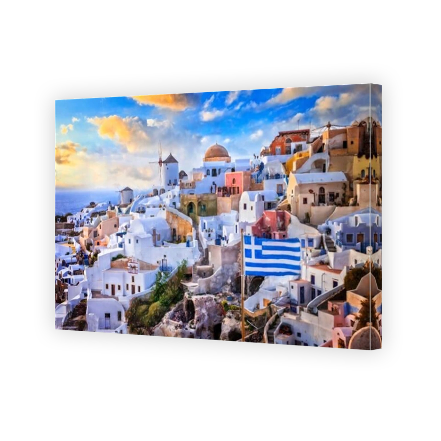 One of the iconic symbols of Greece - Santorini island. Artwork in painting style