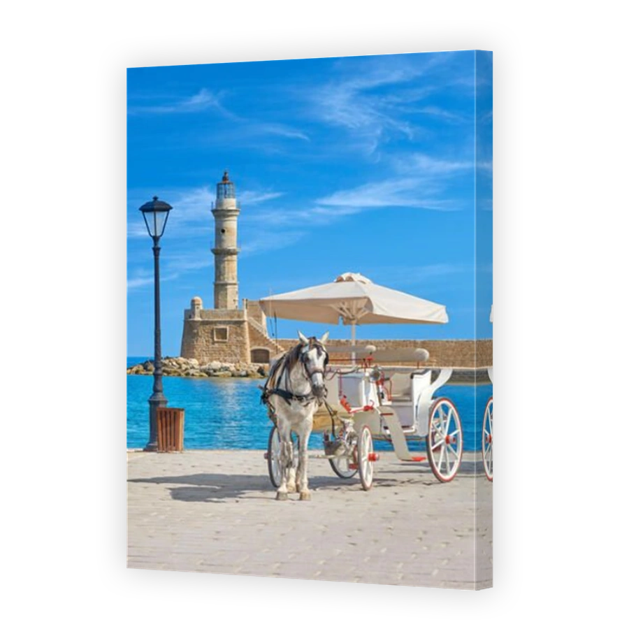 Carriage with horse on the Venetian Harbour, lighthouse in the background, Chania, Crete Island, Greece