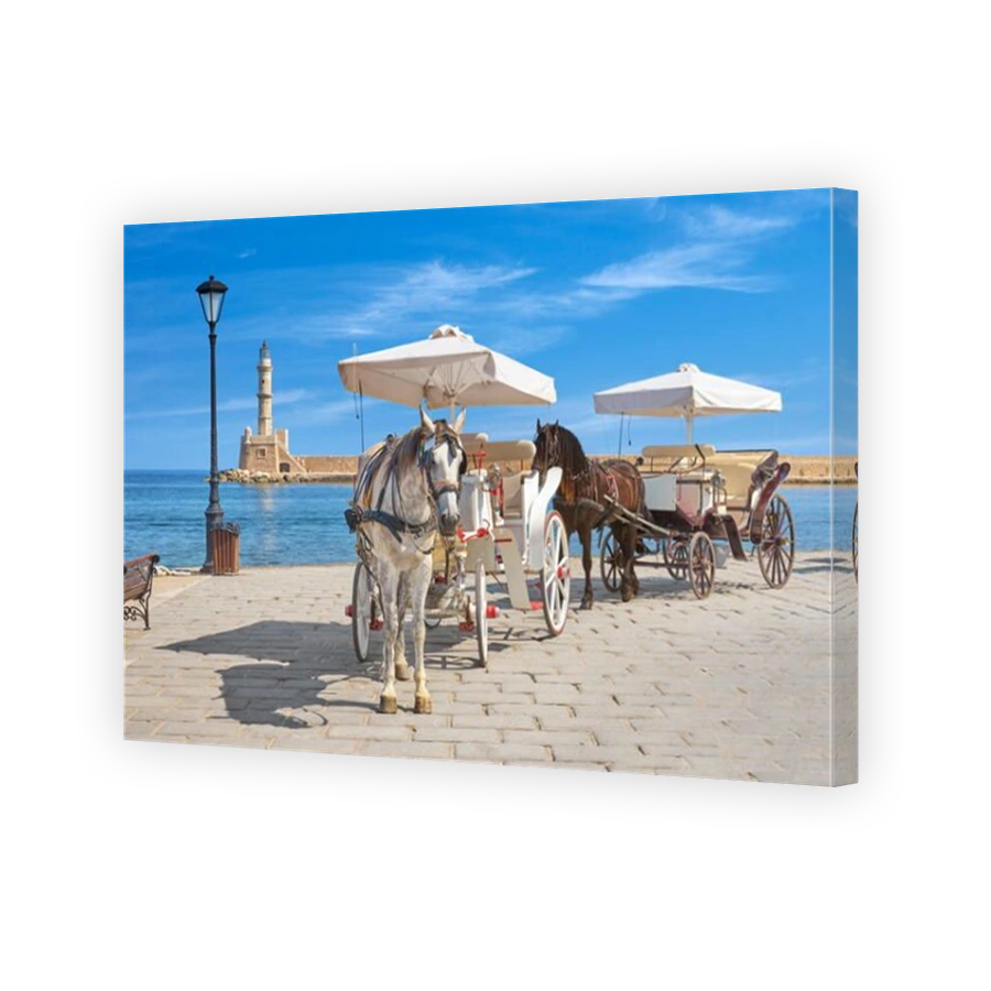Carriage with horse, lighthouse in the background, Chania old town, Crete Island, Greece
