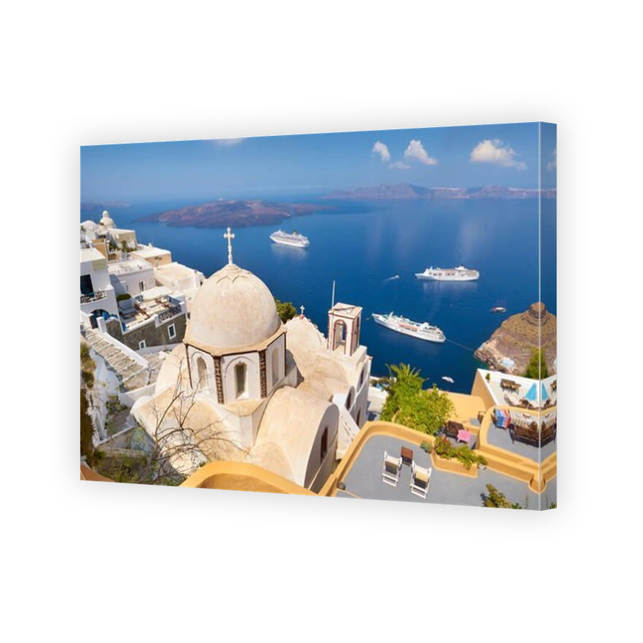 Thira (capital city of Santorini) - greek white church overlooking the cruise ship on Aegean Sea, Santorini Island,  Greece
