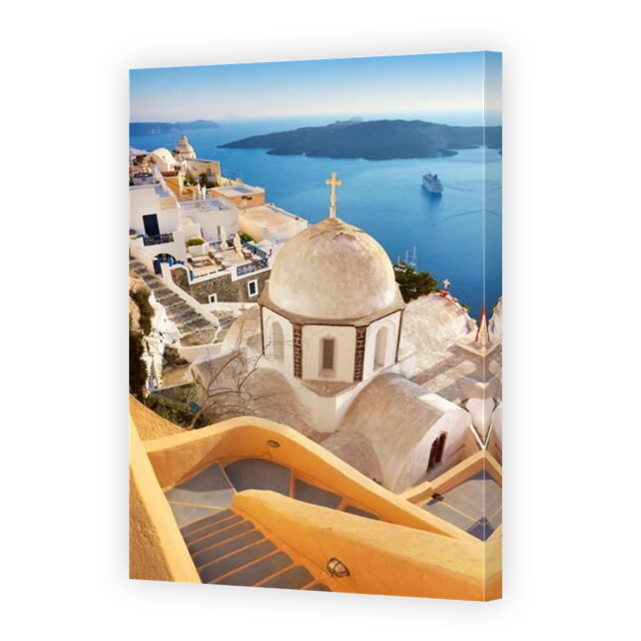 Santorini Island - Thira (capital city) - greek white church overlooking the Aegean Sea, Greece