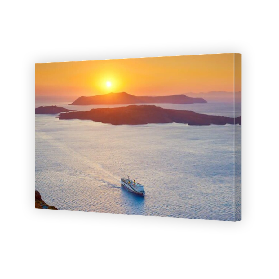 Landscape view with cruise ship on the Aegean Sea and Nea Kameni Island taken from Thira ( Fira), Santorini Island, Greece
