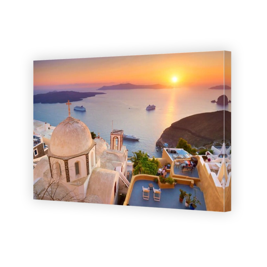 Santorini Island, Greece - view at church at sunset in Thira (capital city of Santorini)