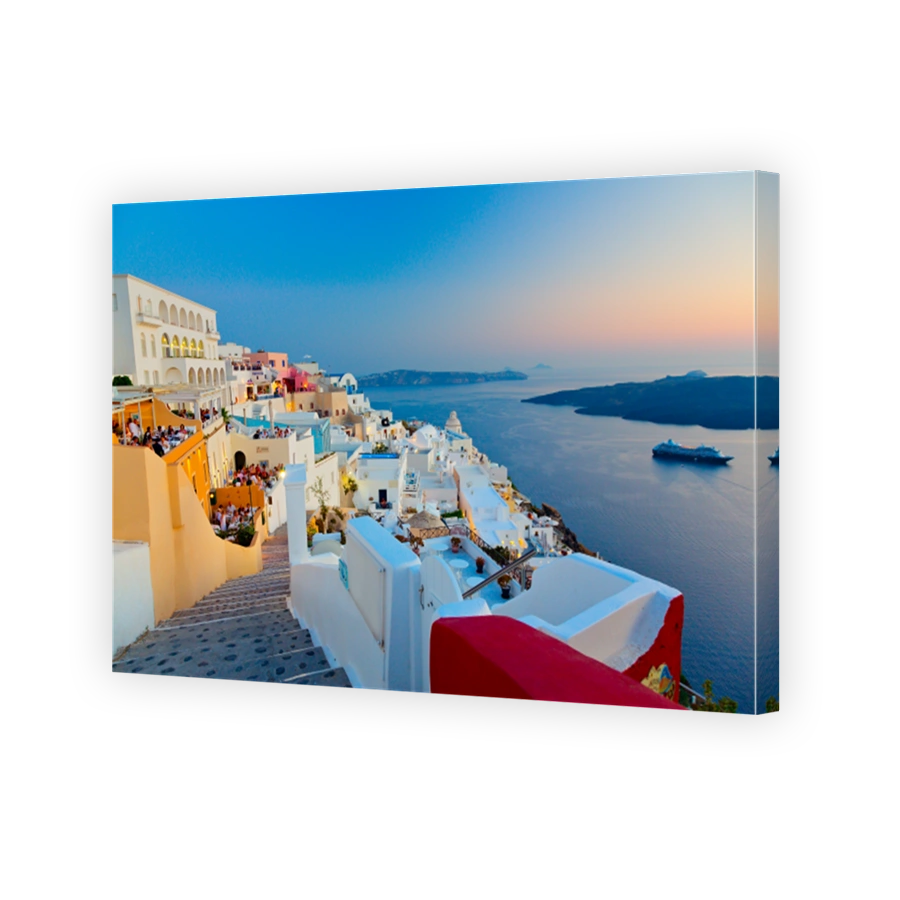 Panoramic view of Santorini island at night, Cyclades, Greece