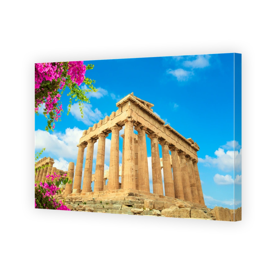 Parthenon temple, Acropolis hill, Athens Greece over beautiful blue sky and flowers