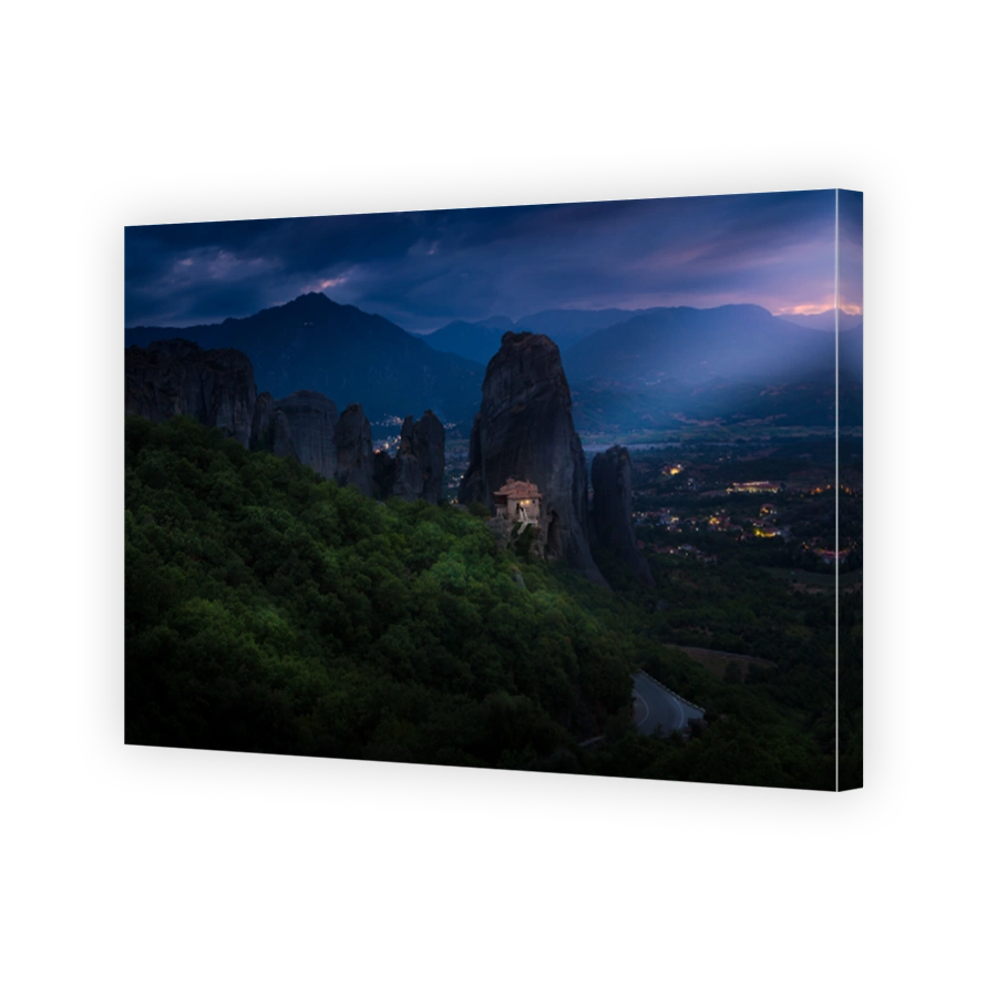 Sunset light over Meteora Monasteries