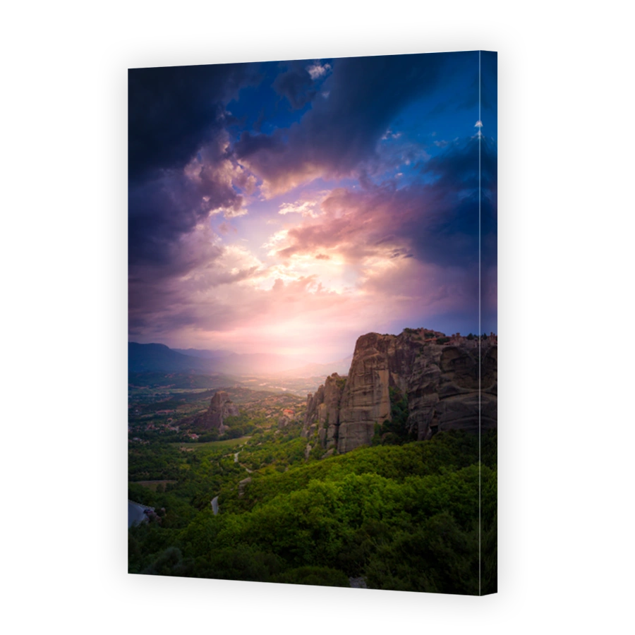 Beautiful misty layers of mountains near Meteora in Greece in sunlight