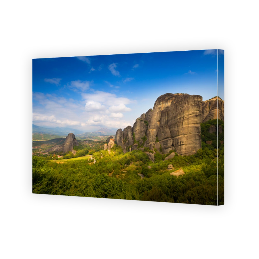 Mountain scenery with Meteora rocks and Roussanou Monastery