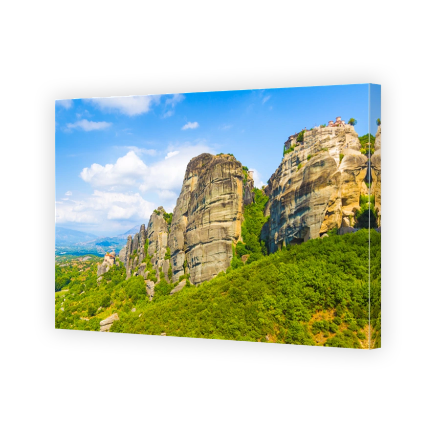 Mountain scenery with Meteora rocks and Roussanou Monastery