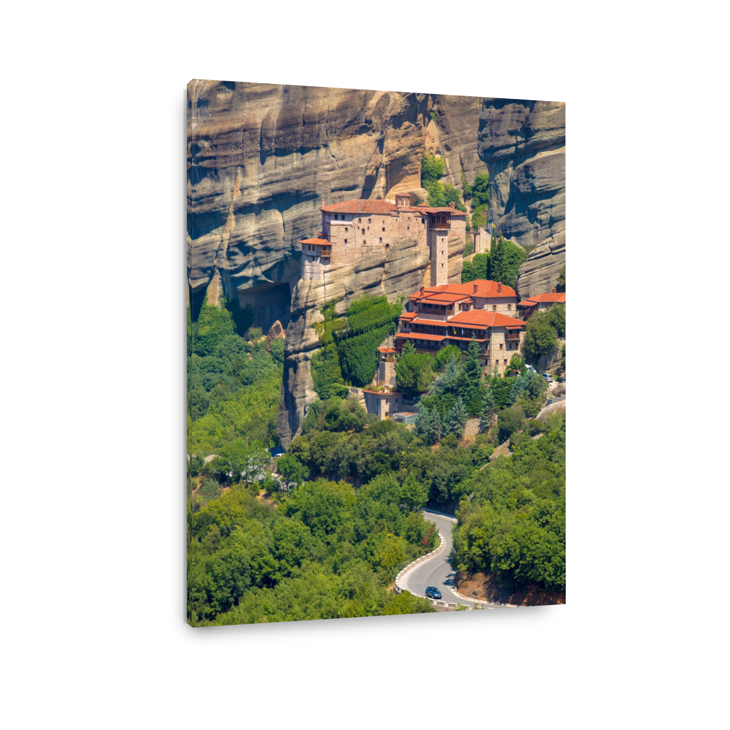 Mountain scenery with Meteora rocks and Roussanou Monastery