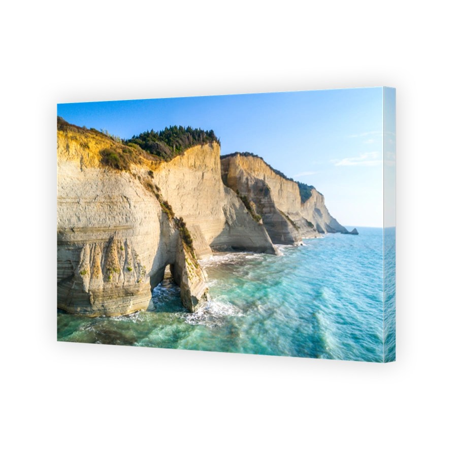 Logas Beach and amazing rocky cliff in Peroulades. Corfu Island. Greece